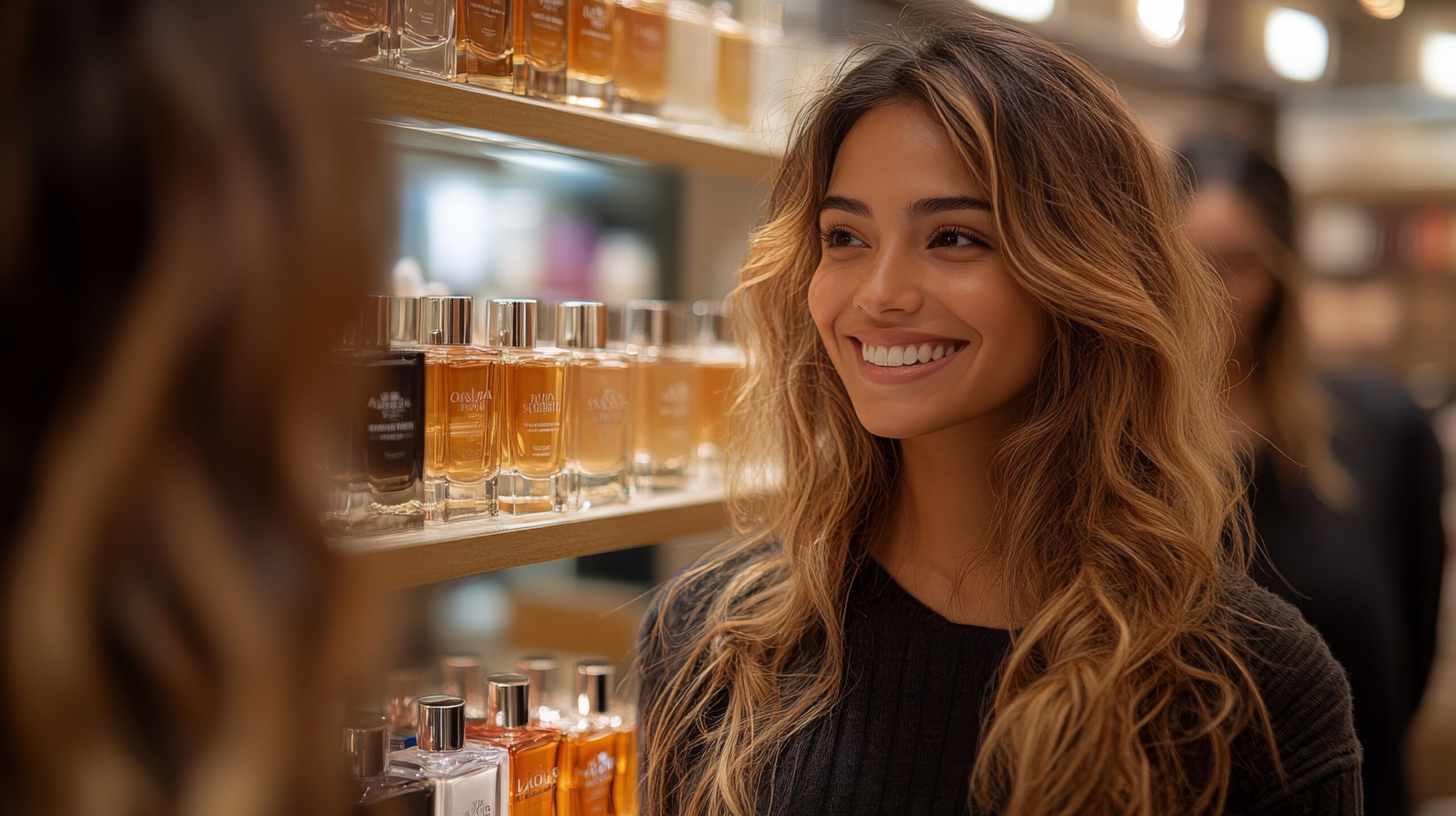 Hispanic female consultant assisting customers in a cosmetics store during a busy afternoon